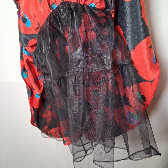 Vintage 1980s Party Dress Apostrophe 13/14 Red Black Floral Satin Sleeveless - Picture 14 of 16